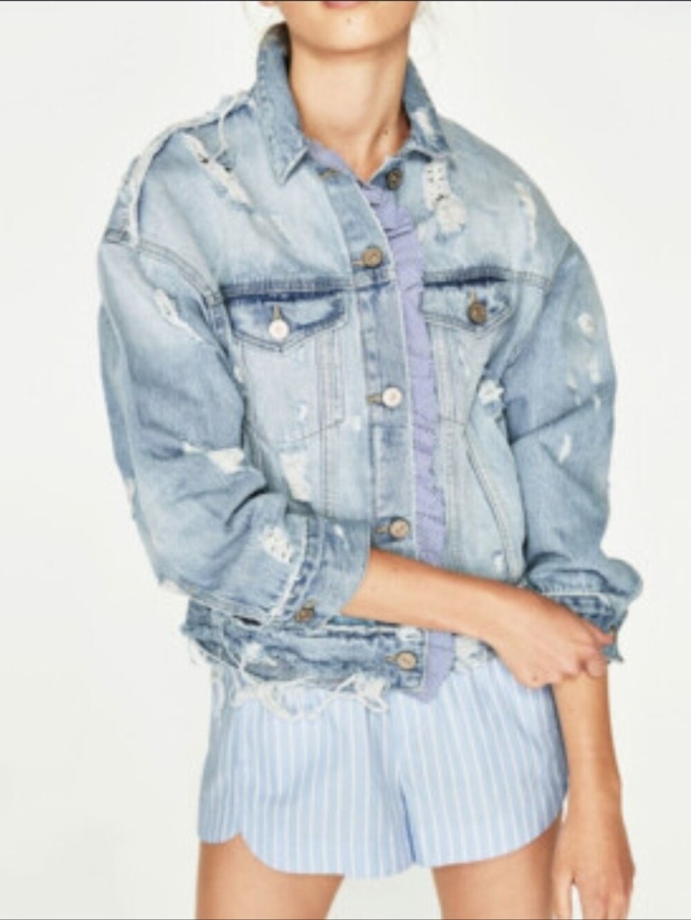 Zara Light Blue Distressed Denim Jacket with Gold & White Flower Pins